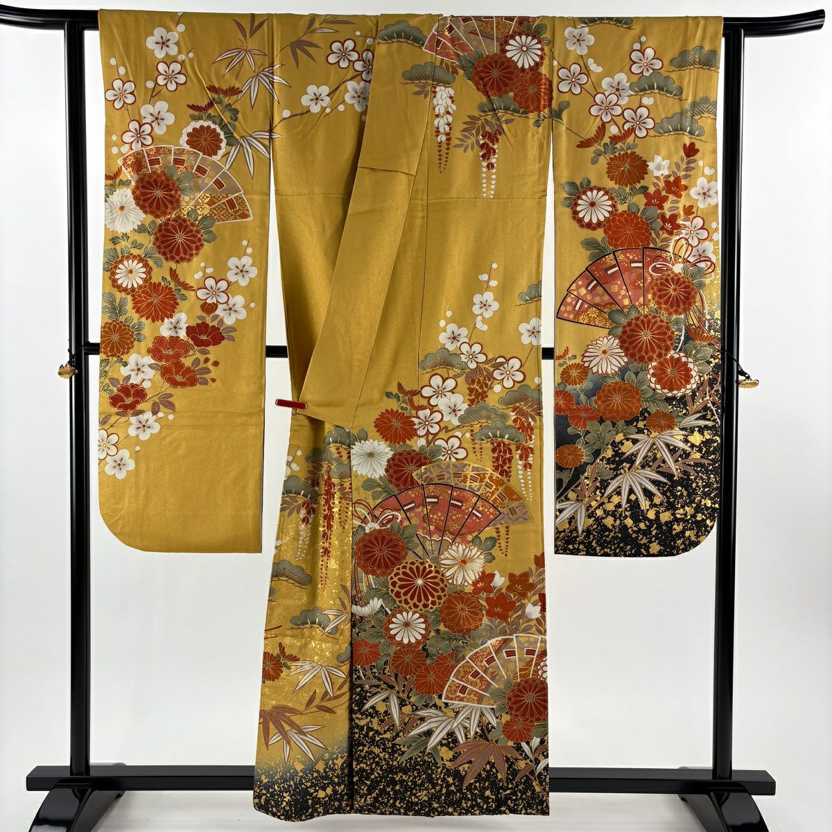 【美品】振袖禮服 身長159cm 袖長65cm M 雙層 桧扇子 松樹竹子梅花 金通 金絲 黃土 純蠶絲 逸品級