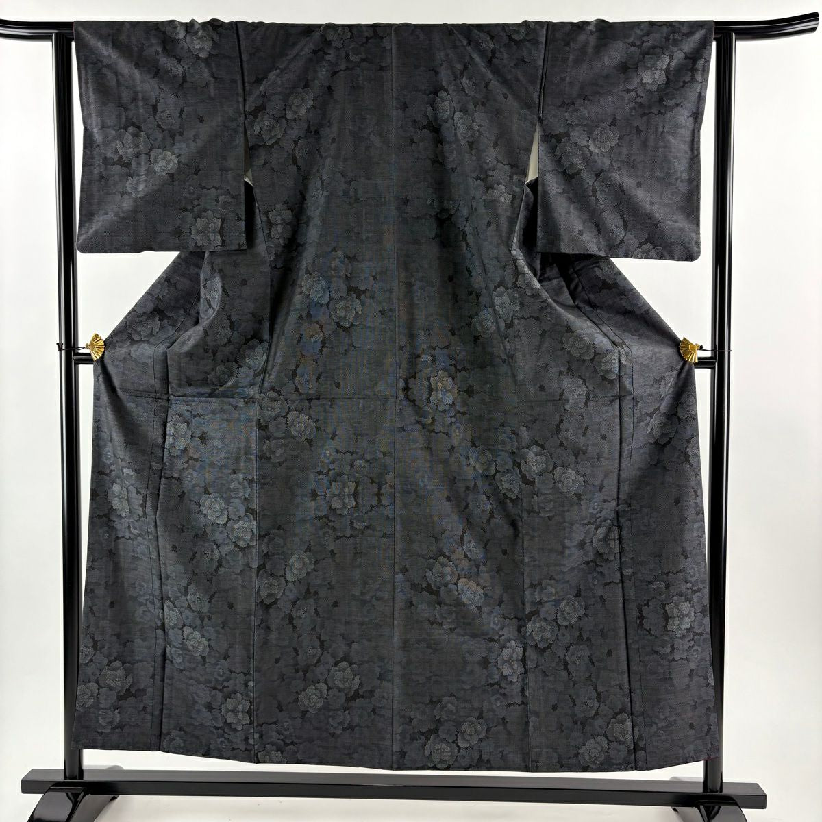 【美品】 大島紬織 身長155.5cm 袖長63.5cm S 雙層 都喜ヱ門 純泥染 證書附 花紋 墨色 純蠶絲 逸品級