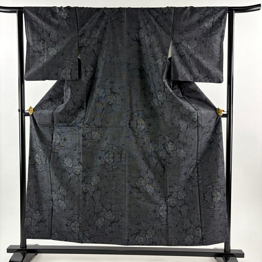 【美品】 大島紬織 身長155.5cm 袖長63.5cm S 雙層 都喜ヱ門 純泥染 證書附 花紋 墨色 純蠶絲 逸品級