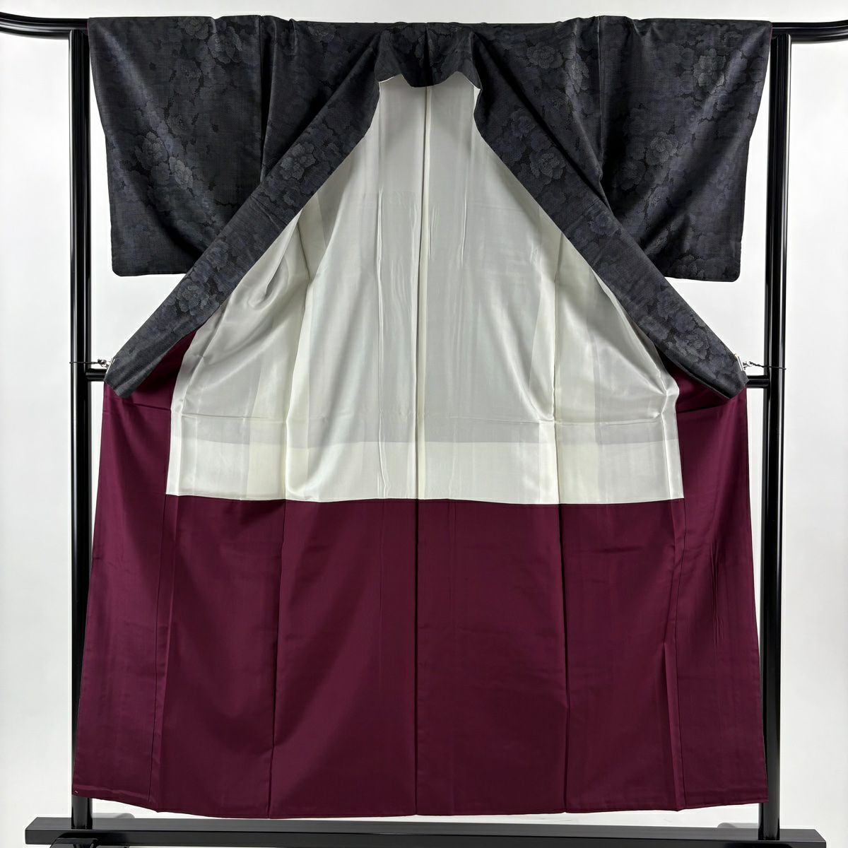 【美品】 大島紬織 身長155.5cm 袖長63.5cm S 雙層 都喜ヱ門 純泥染 證書附 花紋 墨色 純蠶絲 逸品級