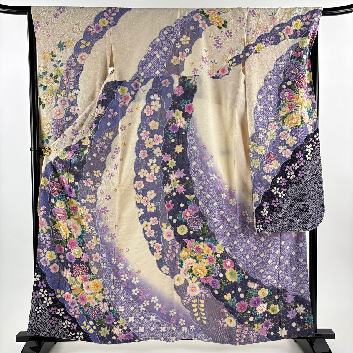 振袖禮服 身長160.5cm 袖長66.5cm M 雙層 牡丹 菊花 絞染 銀通 純蠶絲 逸品級