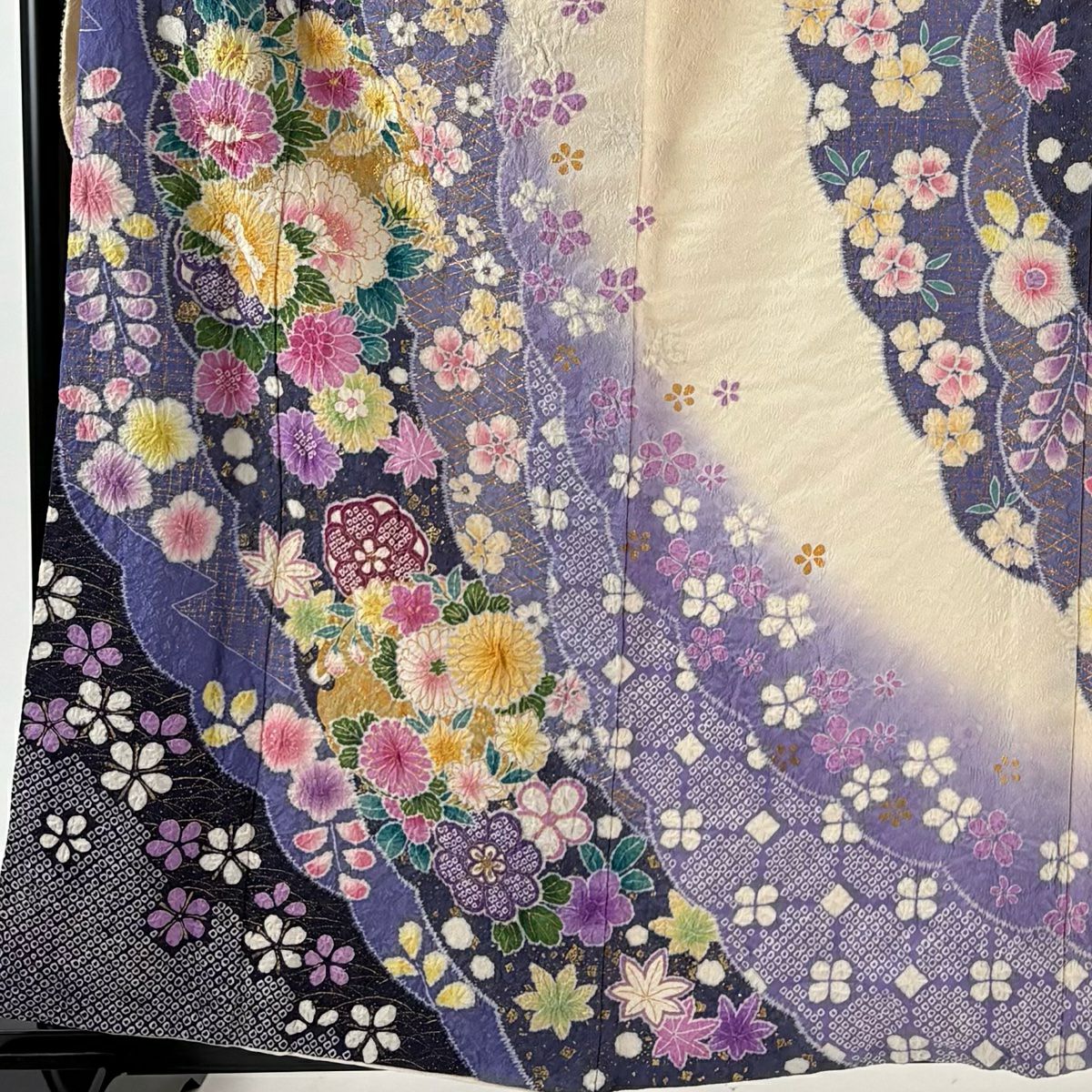 振袖禮服 身長160.5cm 袖長66.5cm M 雙層 牡丹 菊花 絞染 銀通 純蠶絲 逸品級