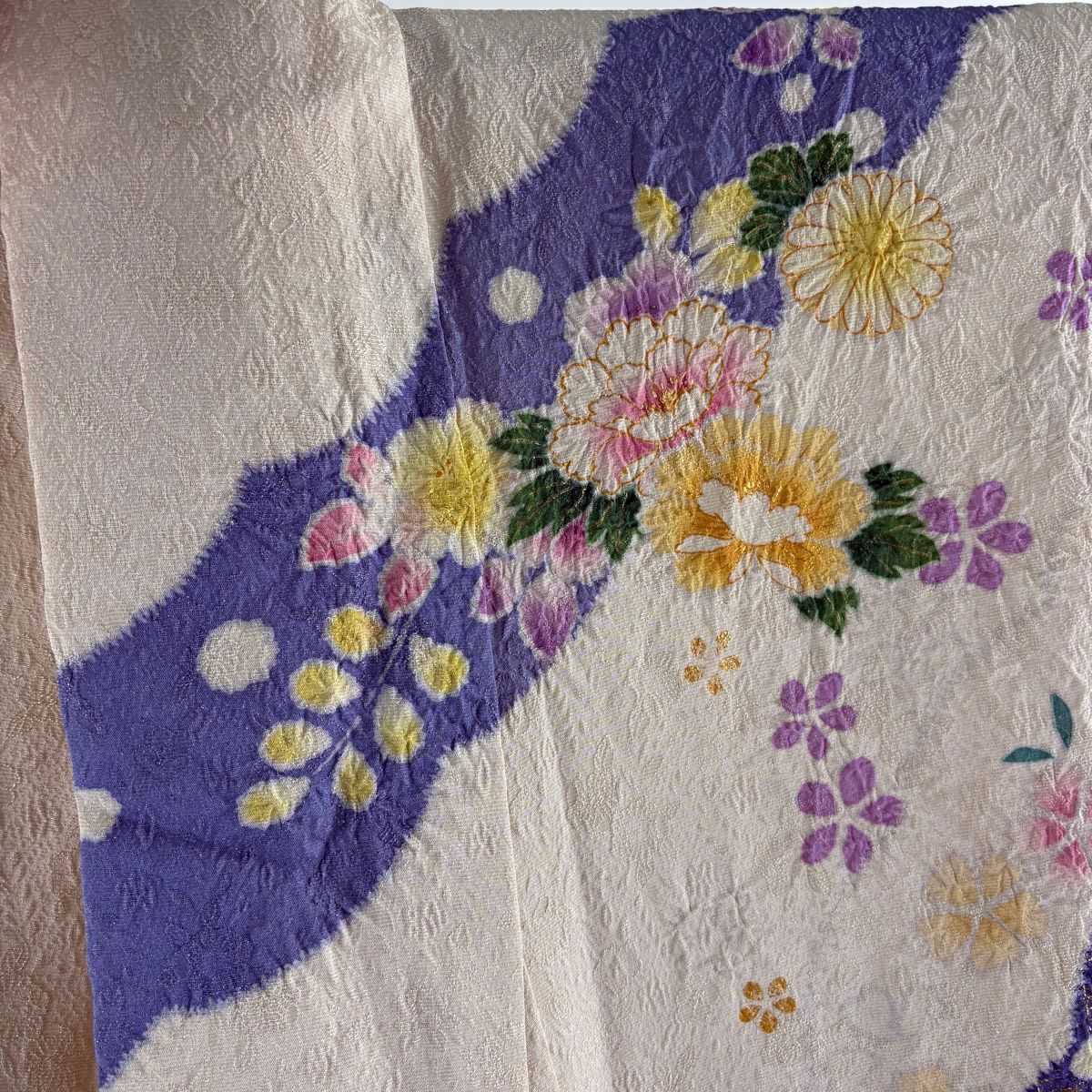 振袖禮服 身長160.5cm 袖長66.5cm M 雙層 牡丹 菊花 絞染 銀通 純蠶絲 逸品級