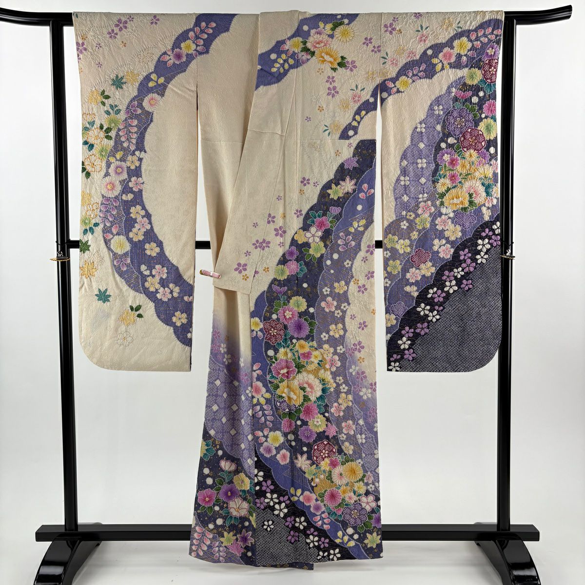 振袖禮服 身長160.5cm 袖長66.5cm M 雙層 牡丹 菊花 絞染 銀通 純蠶絲 逸品級