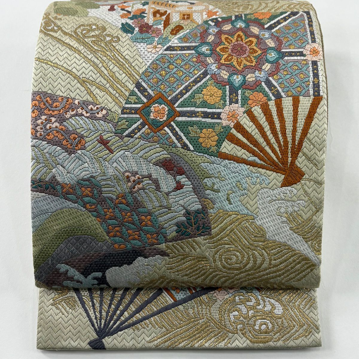 袋帶 逸品級 扇子子 建築 金絲 絽刺繡 灰綠色 大鼓圖案 純蠶絲