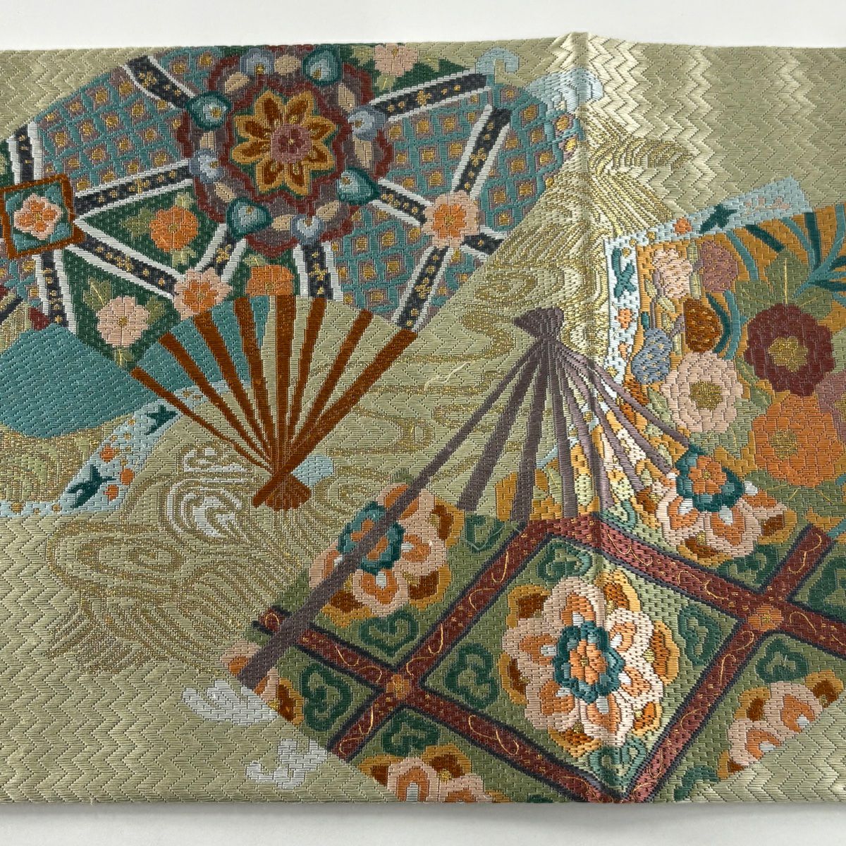 袋帶 逸品級 扇子子 建築 金絲 絽刺繡 灰綠色 大鼓圖案 純蠶絲