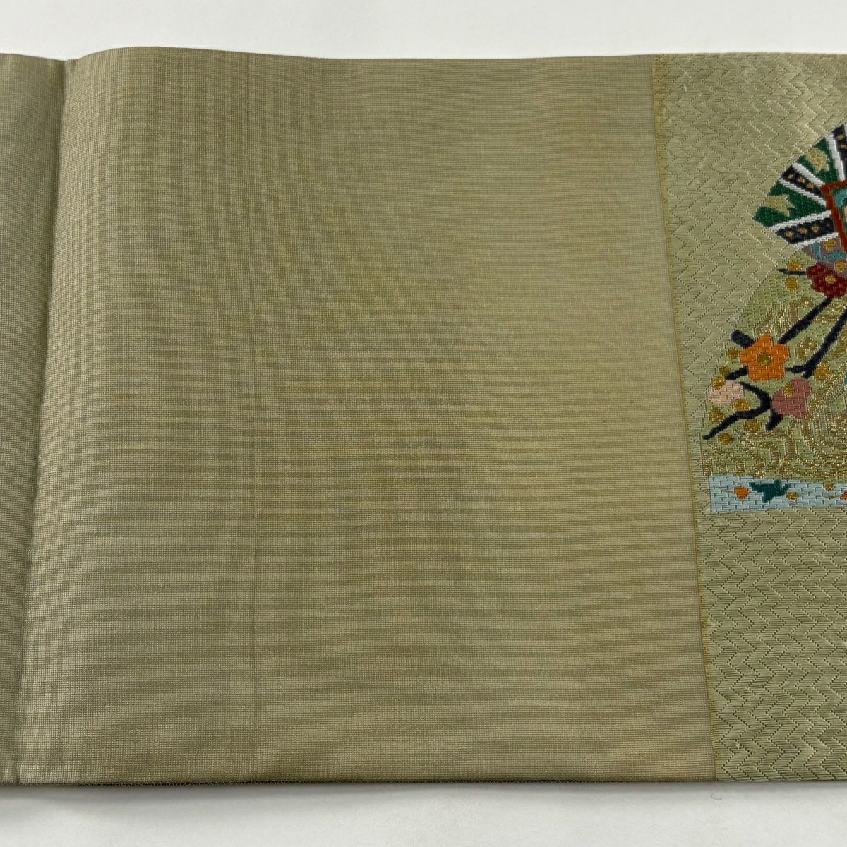 袋帶 逸品級 扇子子 建築 金絲 絽刺繡 灰綠色 大鼓圖案 純蠶絲