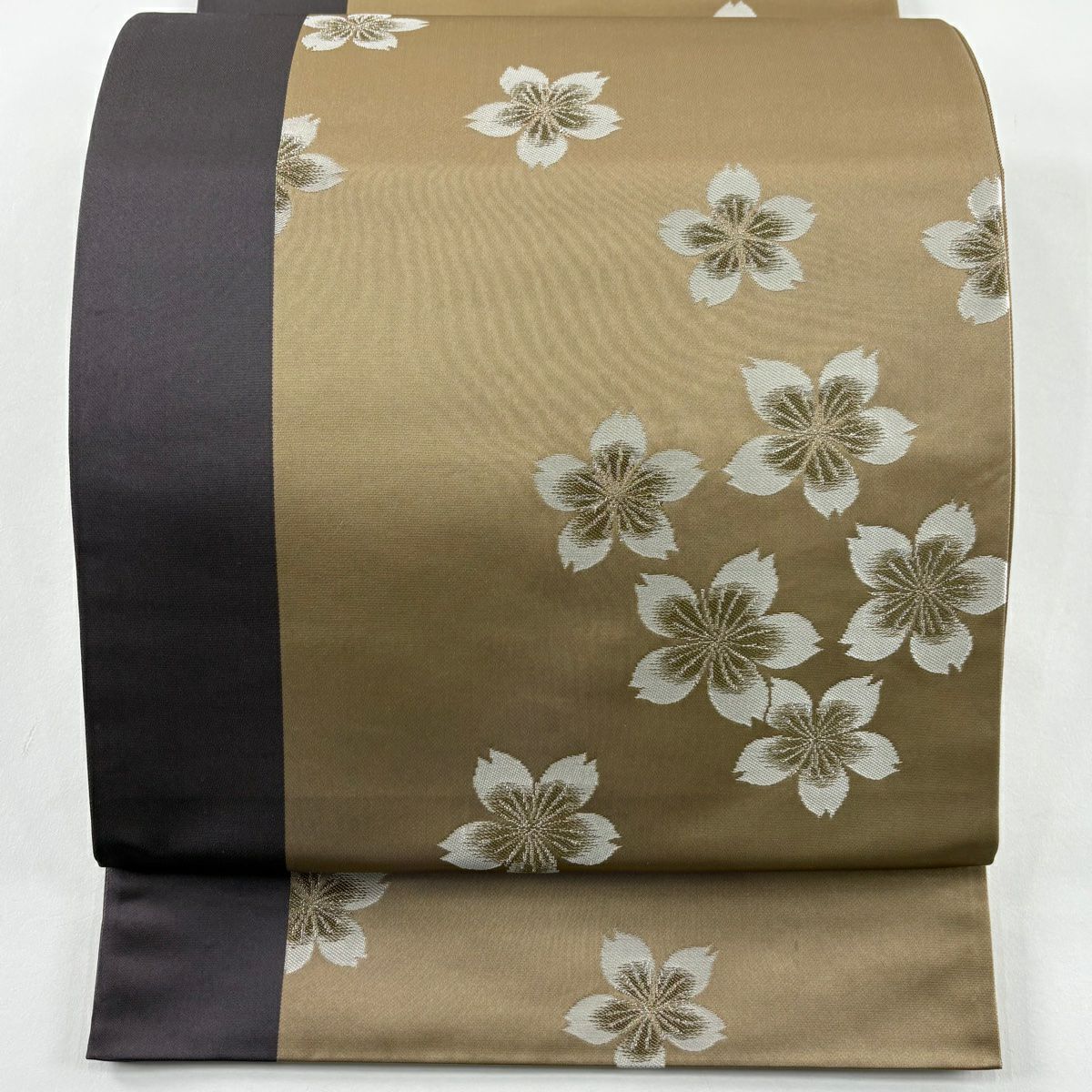 【美品】 袋帶 逸品級 辻村ジュサブロー 落款あり 櫻花 銀線 淺茶 六通 純蠶絲