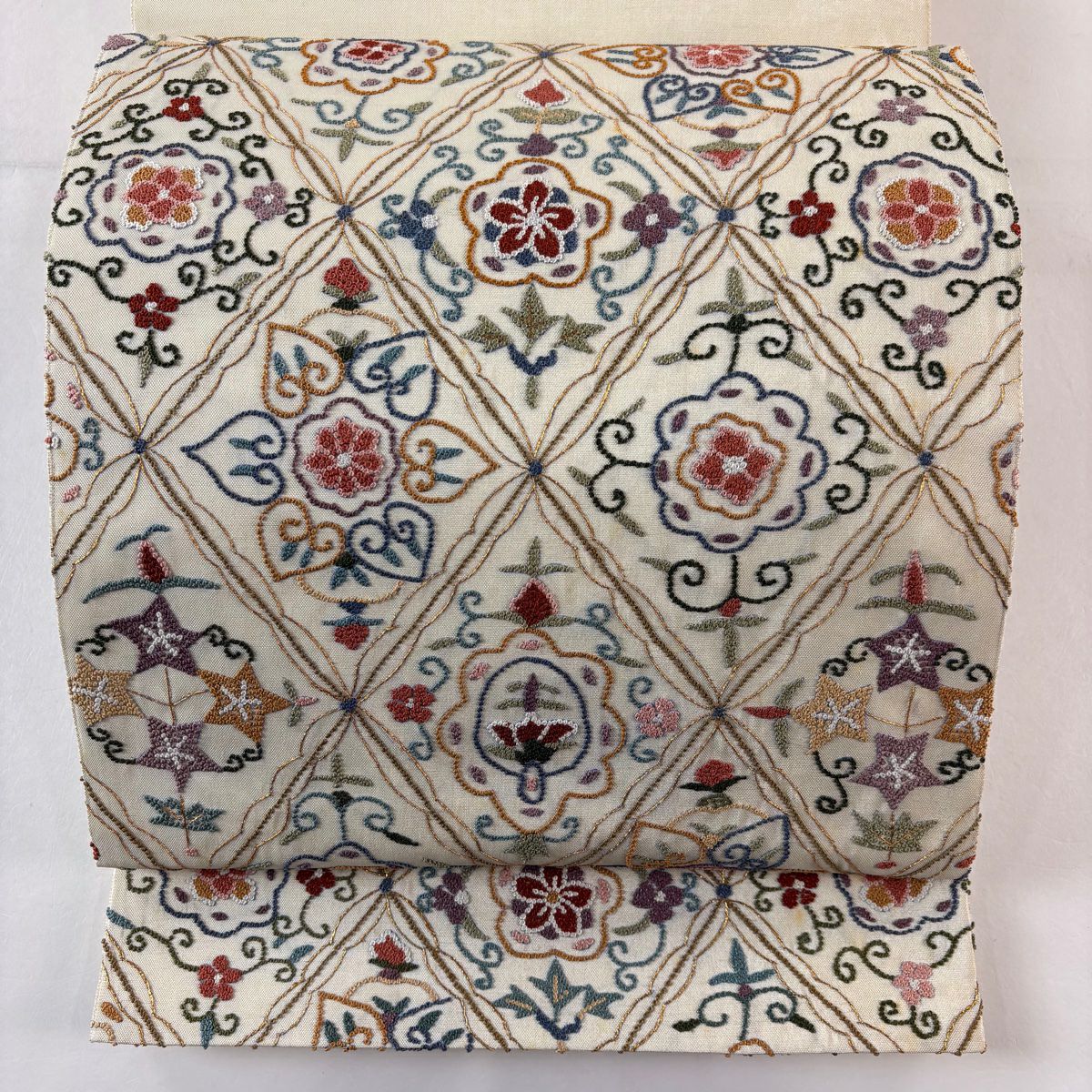 袋帶 逸品級 華紋 菱 相良刺繡 金絲 奶油色 大鼓圖案 純蠶絲