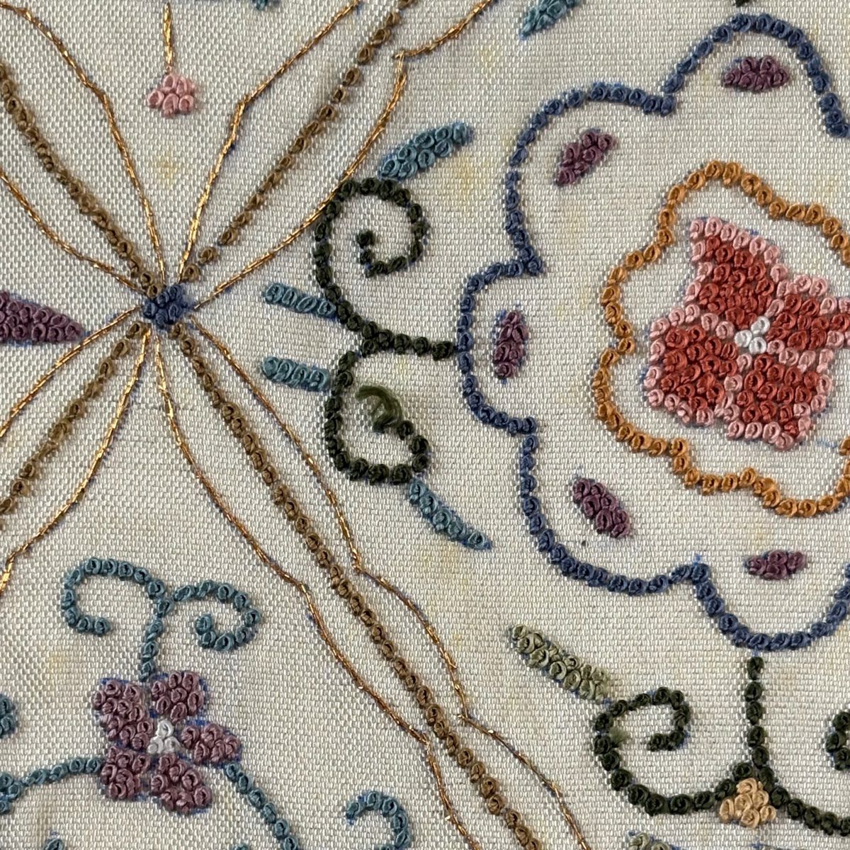 袋帶 逸品級 華紋 菱 相良刺繡 金絲 奶油色 大鼓圖案 純蠶絲
