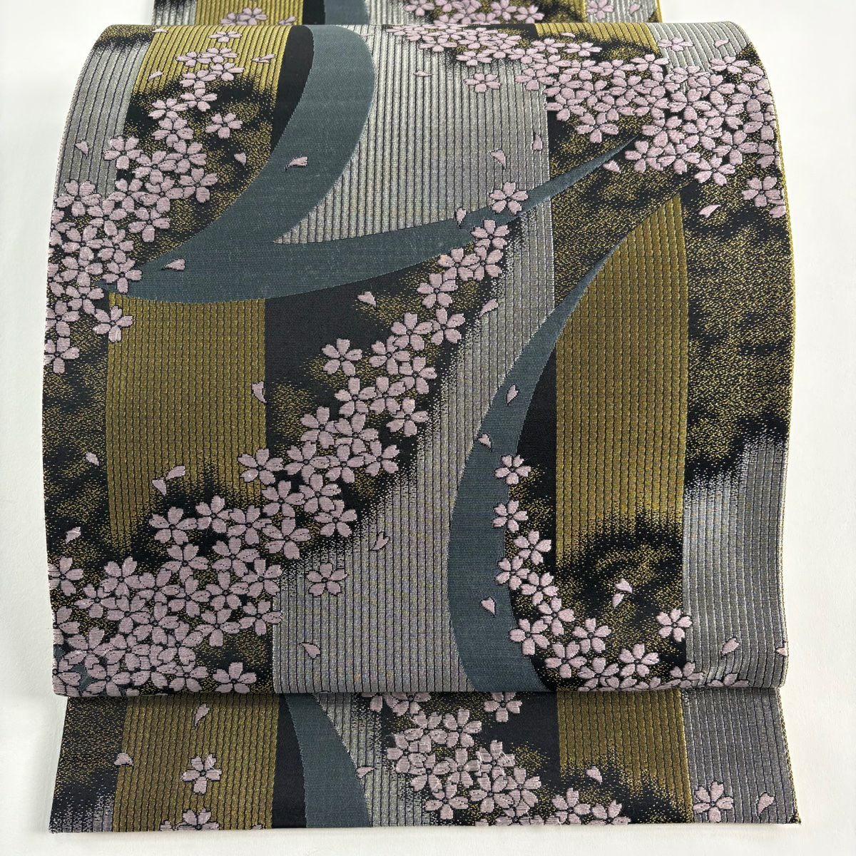 袋帶 秀品級 樱花 条纹 金金箔 黑 六通 純蠶絲
