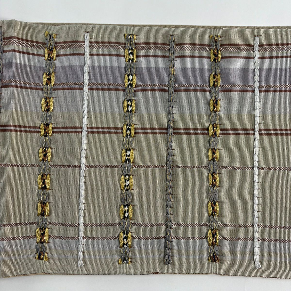 【美品】 袋帶 秀品級 縞 金絲 灰茶 お太鼓圖案 純蠶絲