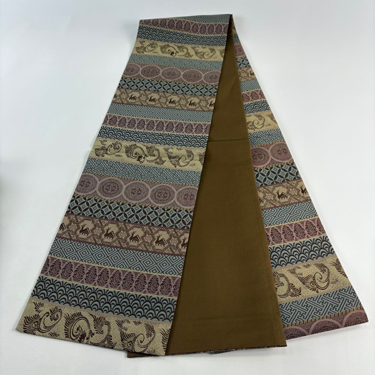 【美品】 袋帶 秀品級 圓文 有職紋樣 金絲 青灰 深藍色 全通 純蠶絲