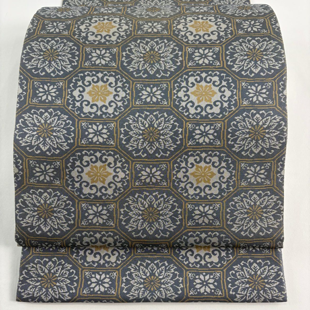 【美品】 袋帶 秀品級 蜀江文 花 金絲 灰色 六通 純蠶絲