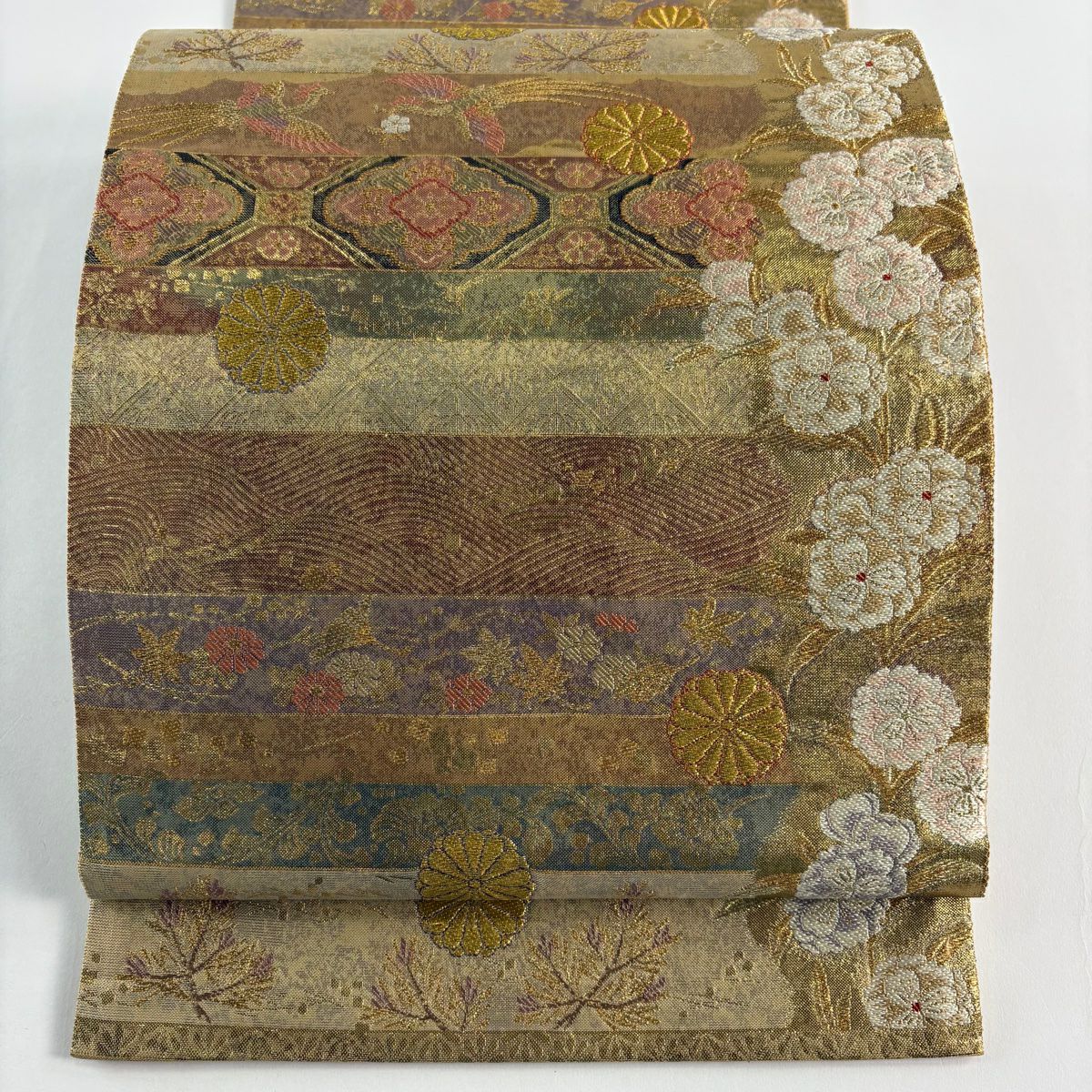 袋帶 秀品級 鳳凰 草花紋 金糸 金金箔 金 六通 純蠶絲