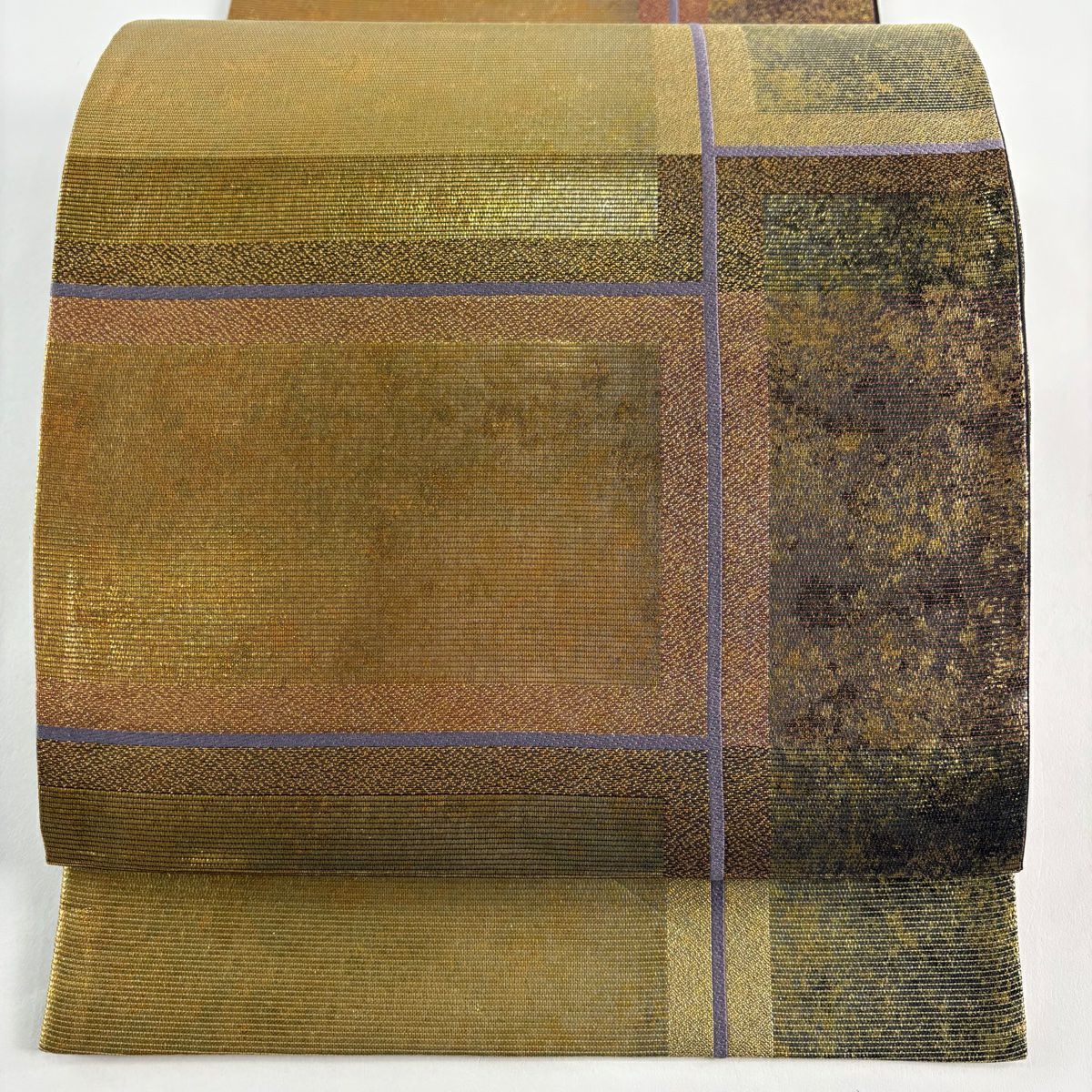 【美品】 袋帶 秀品級 幾何圖案 金金箔 金茶 六通 純蠶絲
