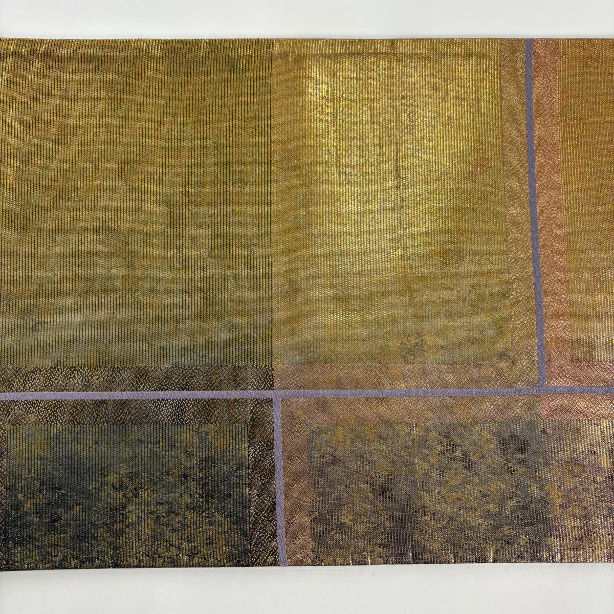 【美品】 袋帶 秀品級 幾何圖案 金金箔 金茶 六通 純蠶絲