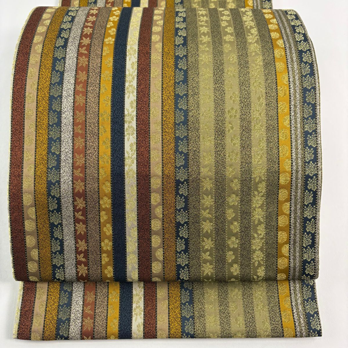 【美品】 袋帶 秀品級 梅花 縞 金絲 灰綠 全通 純蠶絲