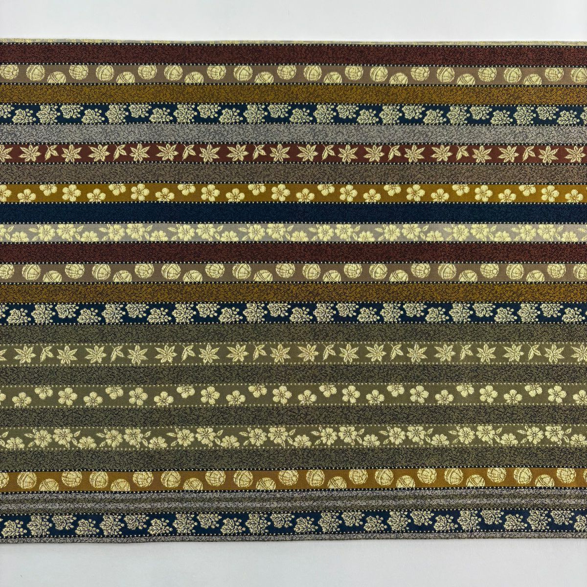【美品】 袋帶 秀品級 梅花 縞 金絲 灰綠 全通 純蠶絲