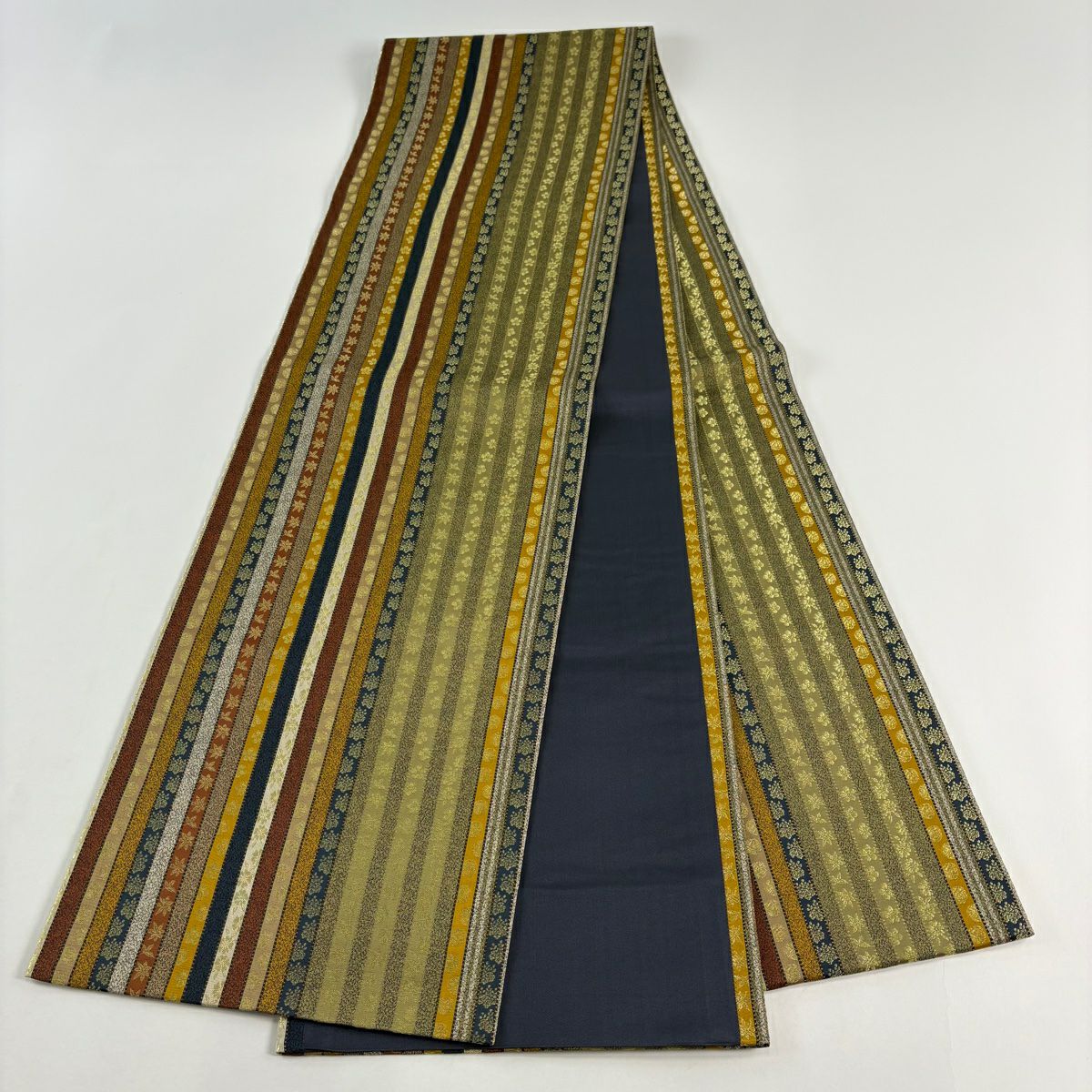 【美品】 袋帶 秀品級 梅花 縞 金絲 灰綠 全通 純蠶絲