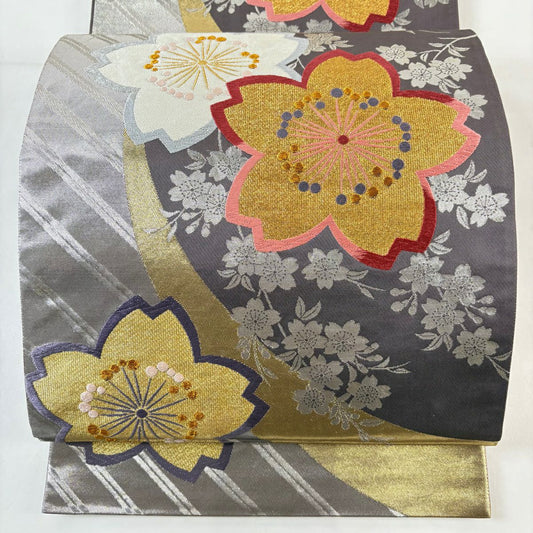 【美品】 袋帶 優品級 振袖禮服禮服用 鈴乃屋 櫻花 金金箔 金絲 灰紫 全通 純蠶絲