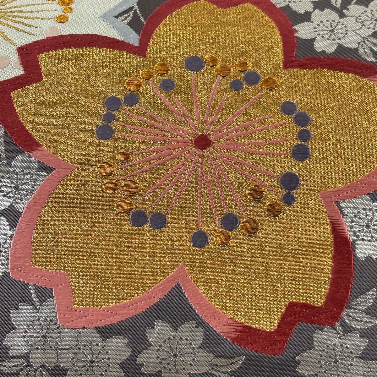 【美品】 袋帶 優品級 振袖禮服禮服用 鈴乃屋 櫻花 金金箔 金絲 灰紫 全通 純蠶絲