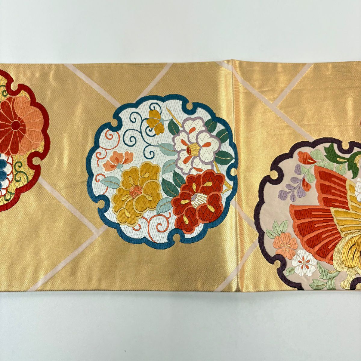 袋帶 秀品級 雪輪桧垣紋 花蝶 金金箔 唐織 米色 六通 純蠶絲