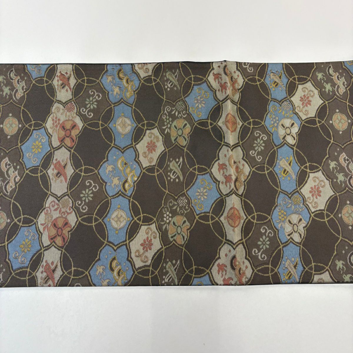 【美品】 袋帶 秀品級 花唐草紋 鳥 焦茶 深藍 六通 純蠶絲