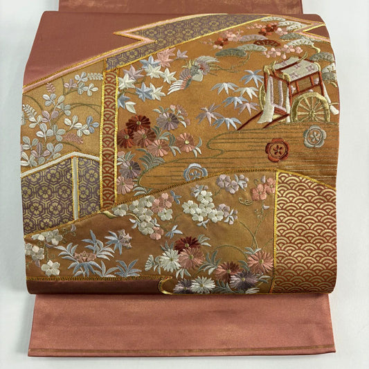 袋帶 秀品級 關西仕立 松樹竹子梅花 御所車 金金箔 刺繡 淡茶 純蠶絲