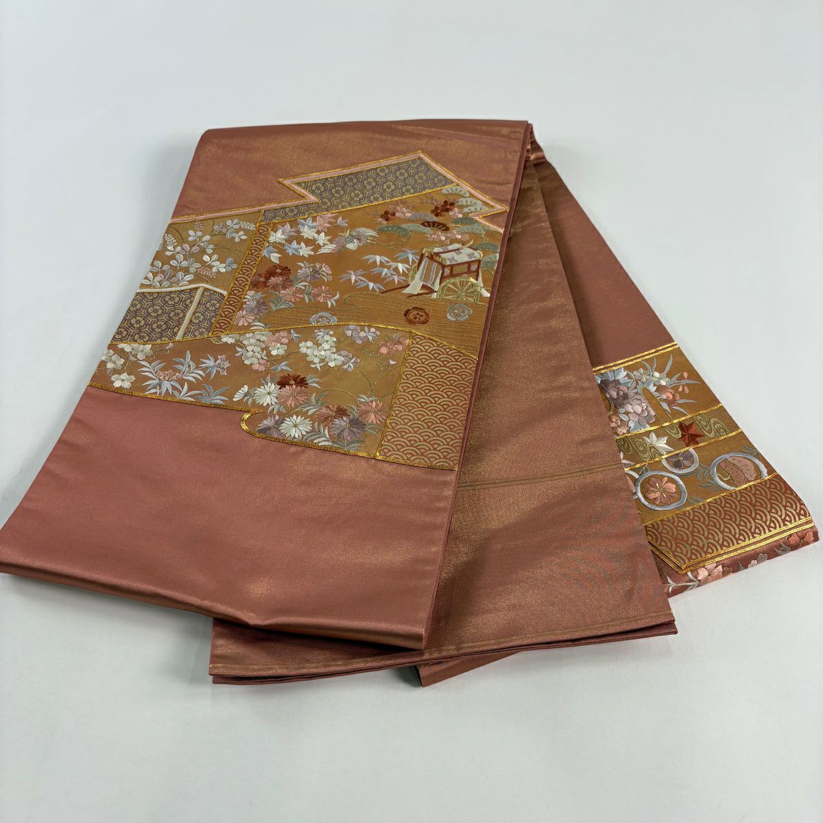 袋帶 秀品級 關西仕立 松樹竹子梅花 御所車 金金箔 刺繡 淡茶 純蠶絲