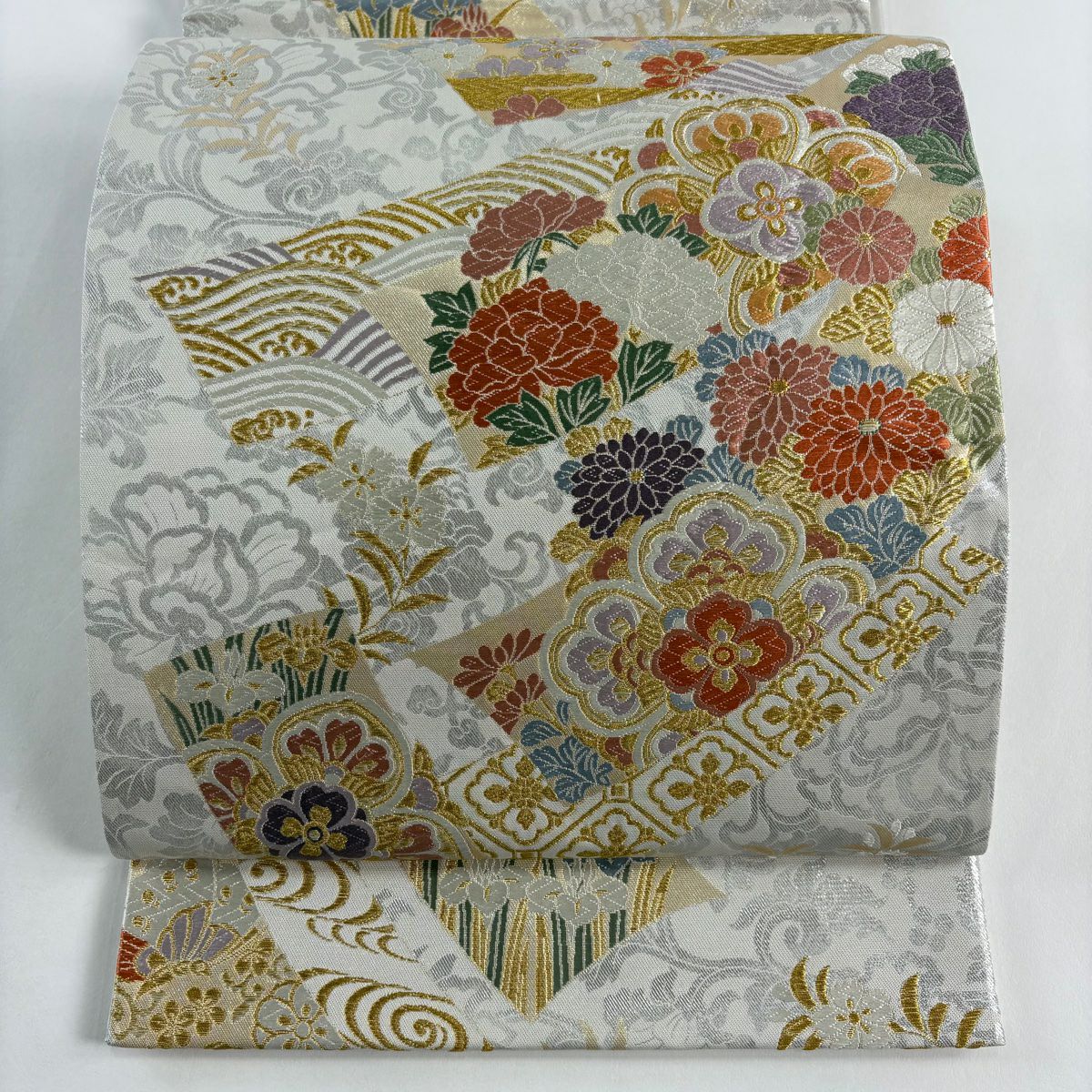 袋帶 秀品級 短冊 草花紋紋 金金箔 金絲 白色 六通 純蠶絲