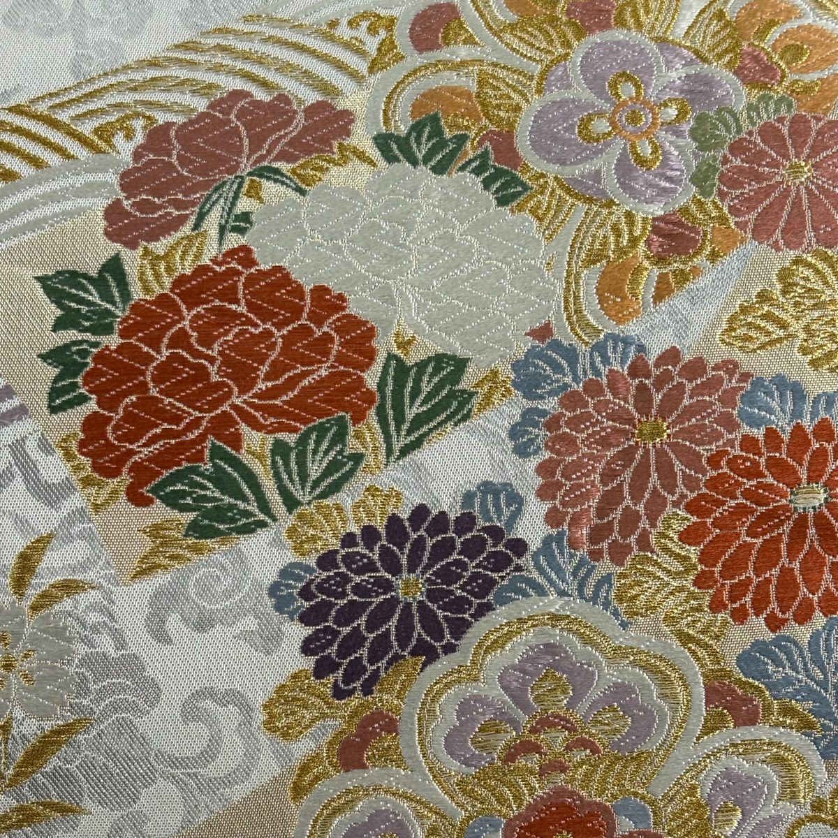 袋帶 秀品級 短冊 草花紋紋 金金箔 金絲 白色 六通 純蠶絲