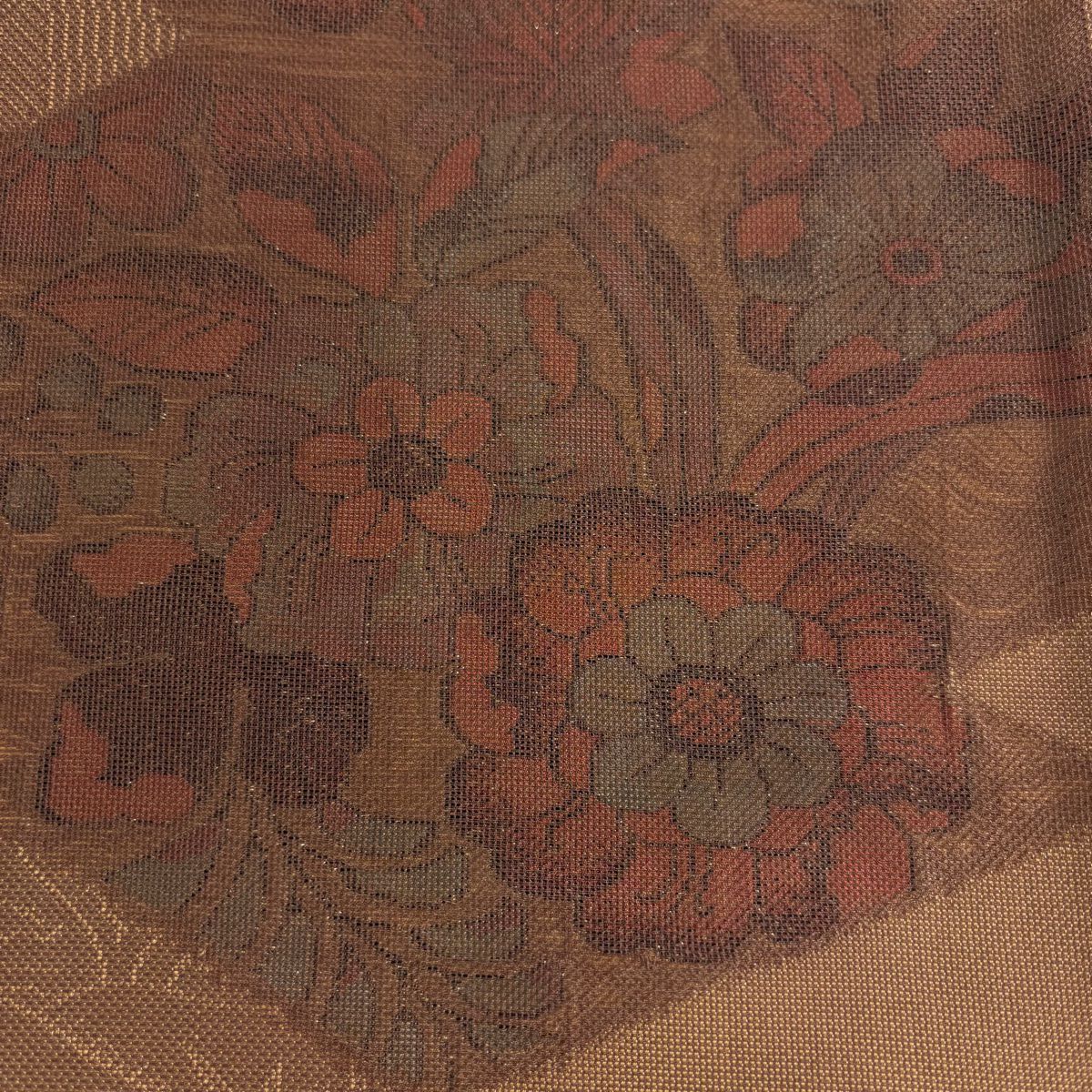 袋帶 秀品級 草花紋紋 幾何圖案 金金箔 焦茶 全通 純蠶絲