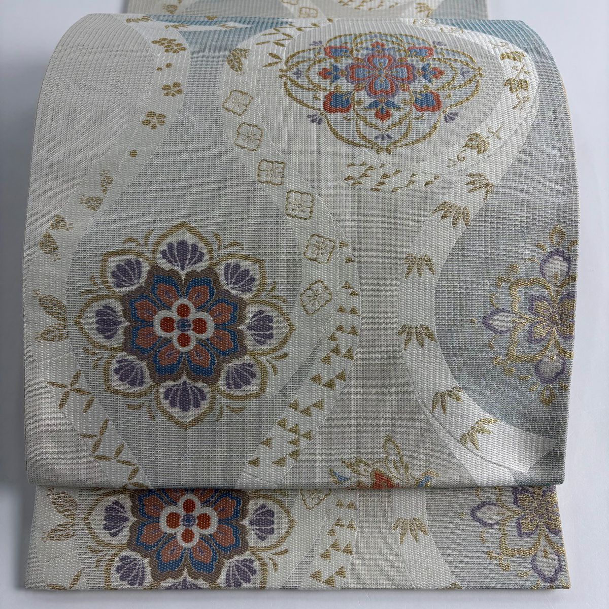 【美品】 袋帶 秀品級 華紋 蔓帶 金金箔 灰綠 六通 純蠶絲