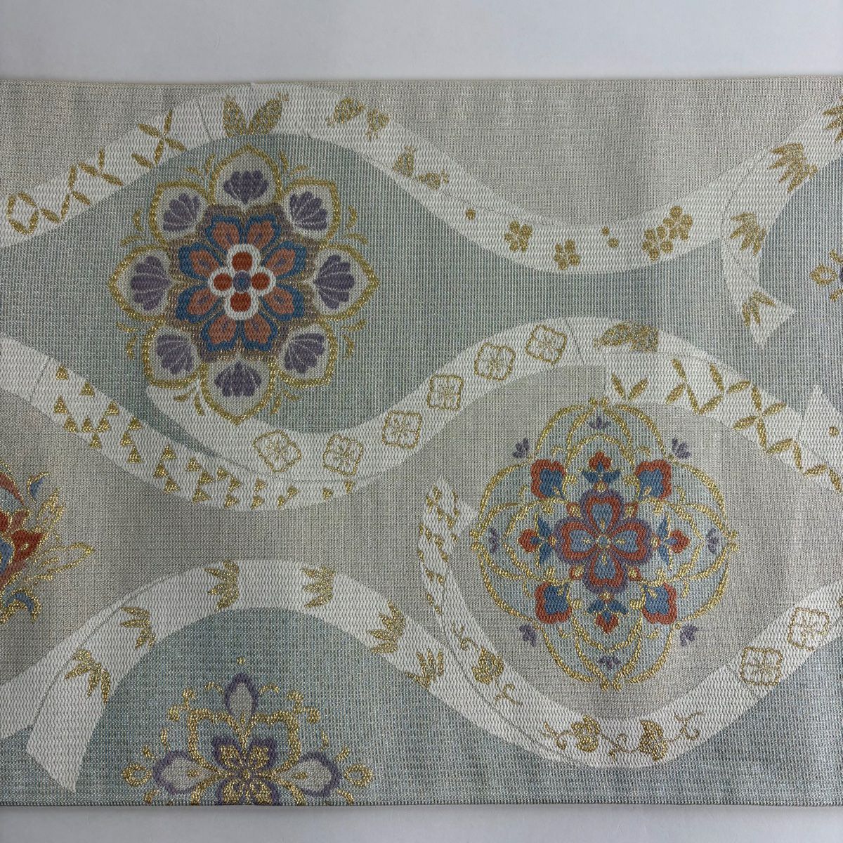 【美品】 袋帶 秀品級 華紋 蔓帶 金金箔 灰綠 六通 純蠶絲