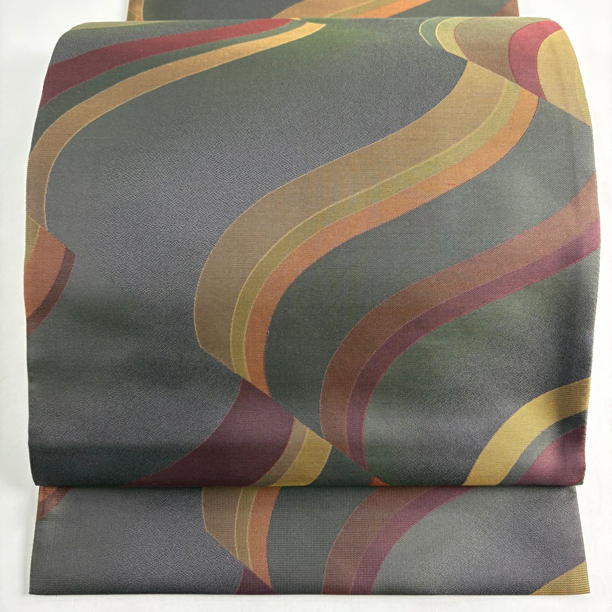 【美品】 袋帶 秀品級 幾何圖案 斜條 深綠 全通 純蠶絲