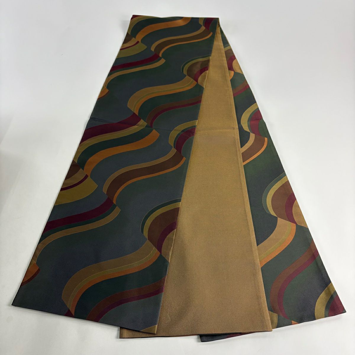 【美品】 袋帶 秀品級 幾何圖案 斜條 深綠 全通 純蠶絲