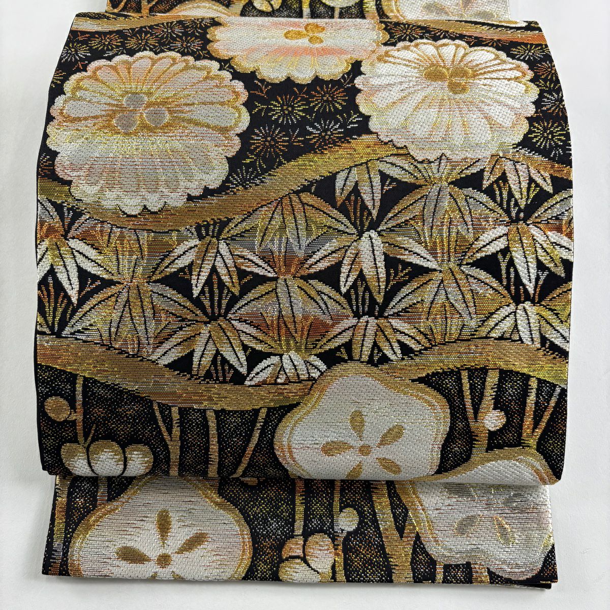 【美品】 袋帶 秀品級 梅花 菊花 金絲 金金箔 黑 六通 純蠶絲