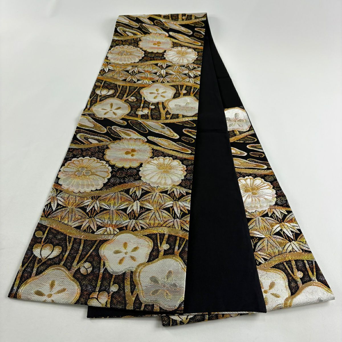 【美品】 袋帶 秀品級 梅花 菊花 金絲 金金箔 黑 六通 純蠶絲