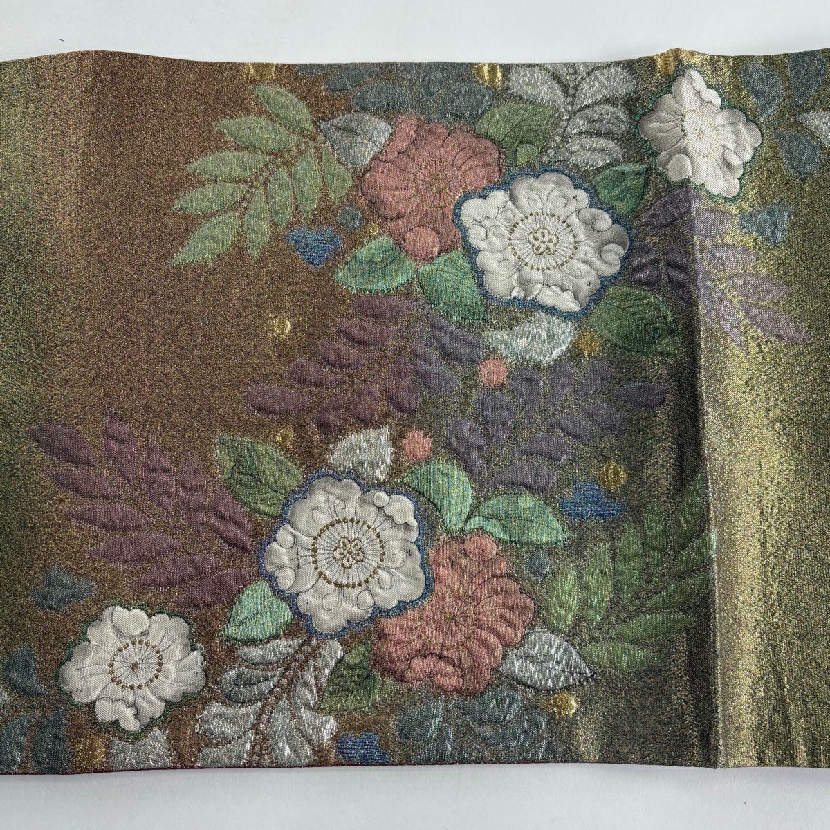 【美品】 袋帶 秀品級 辻花染圖案 金線 拉麵線 金色 大鼓圖案 純蠶絲