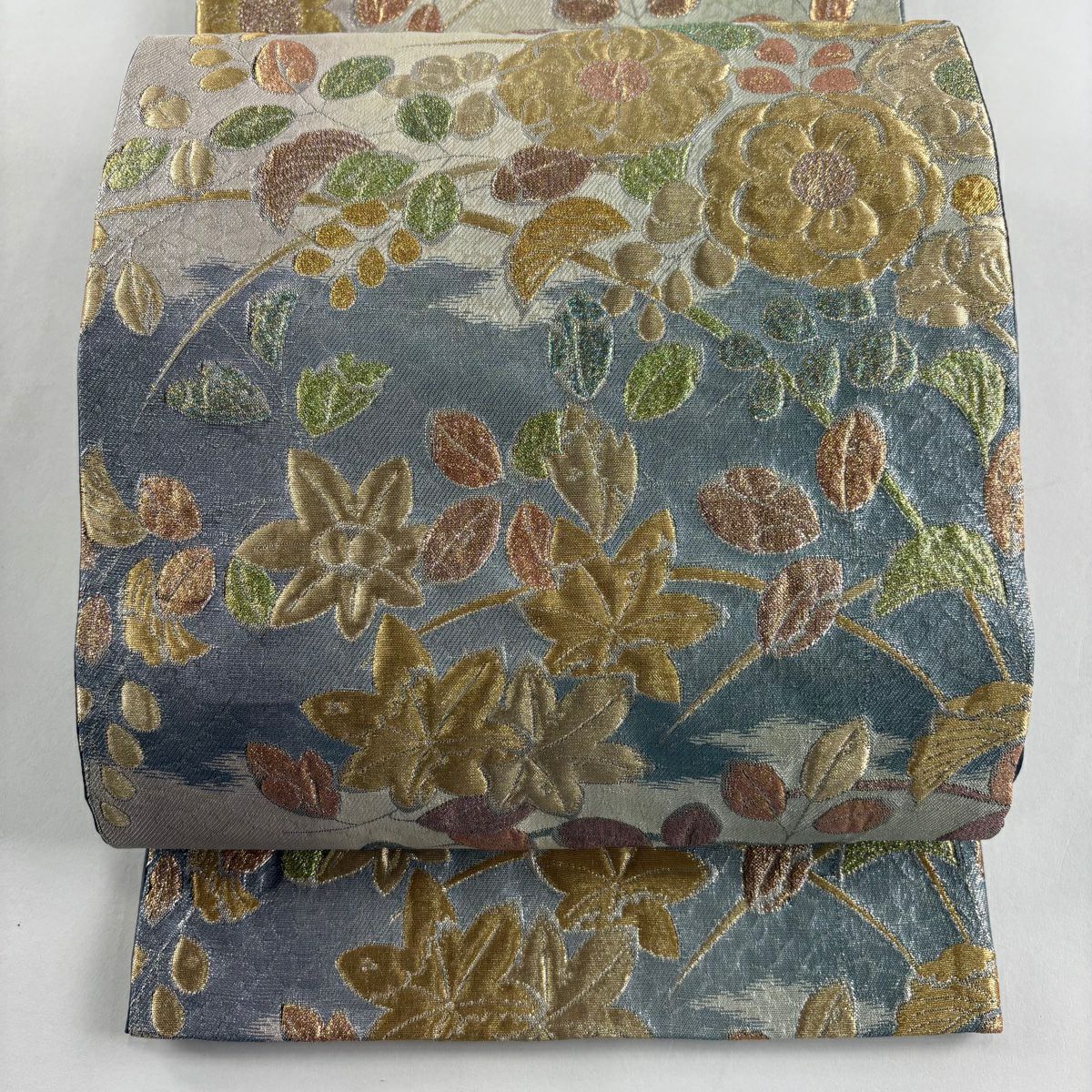 【美品】 袋帶 秀品級 辻花染 萩 金絲 金金箔 青灰 六通 純蠶絲