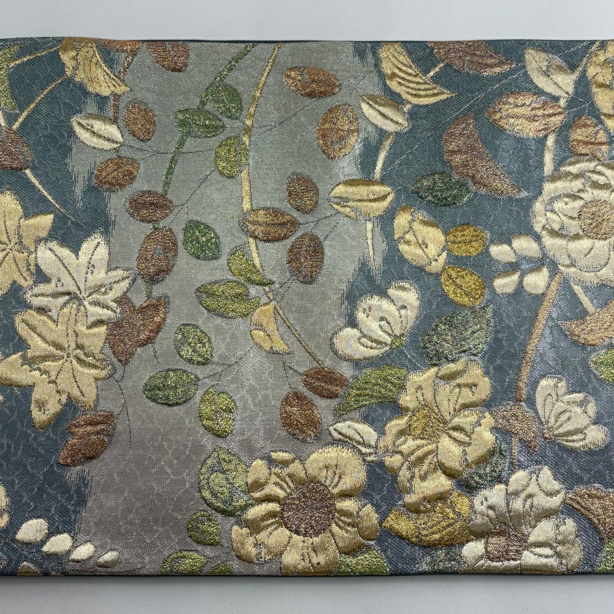 【美品】 袋帶 秀品級 辻花染 萩 金絲 金金箔 青灰 六通 純蠶絲
