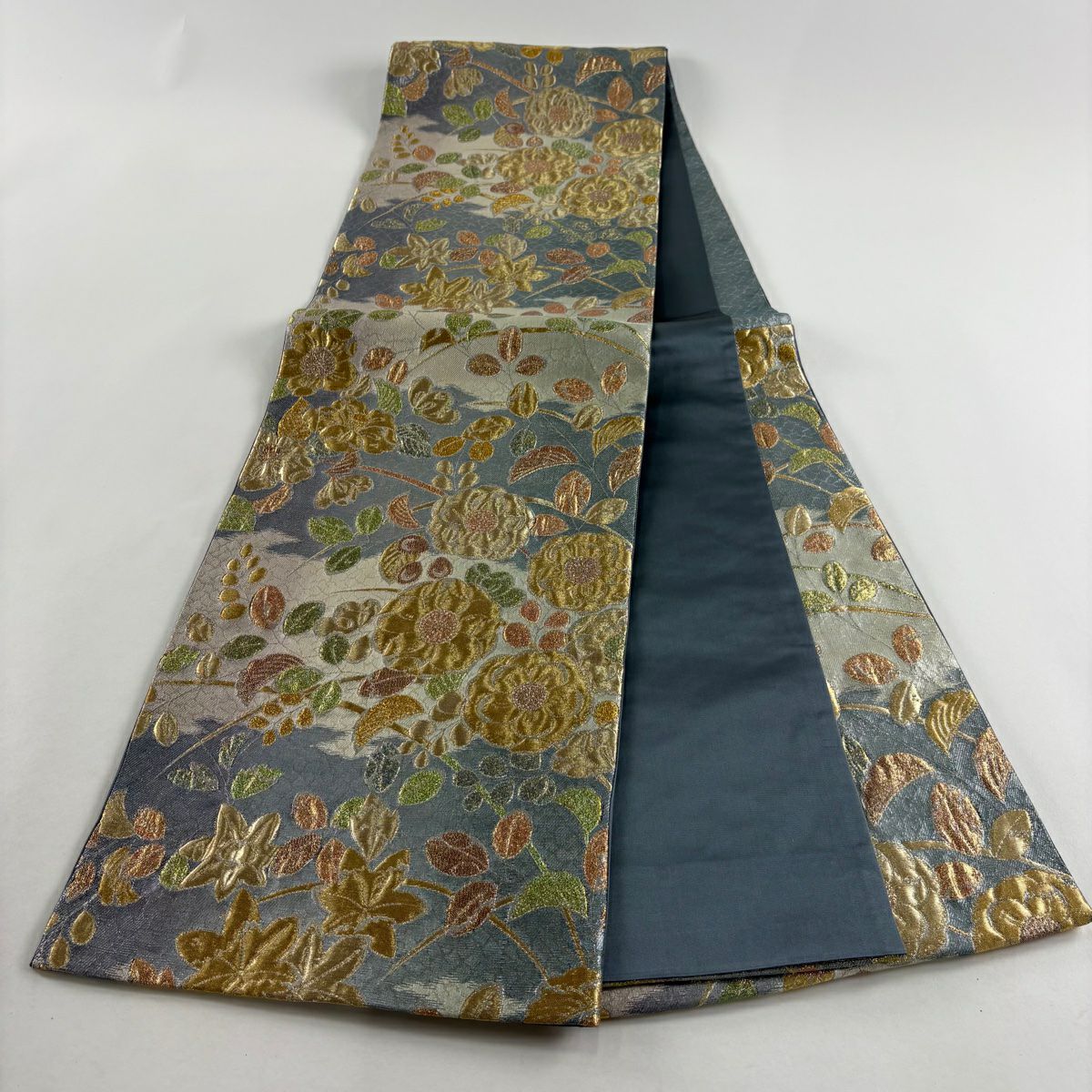 【美品】 袋帶 秀品級 辻花染 萩 金絲 金金箔 青灰 六通 純蠶絲