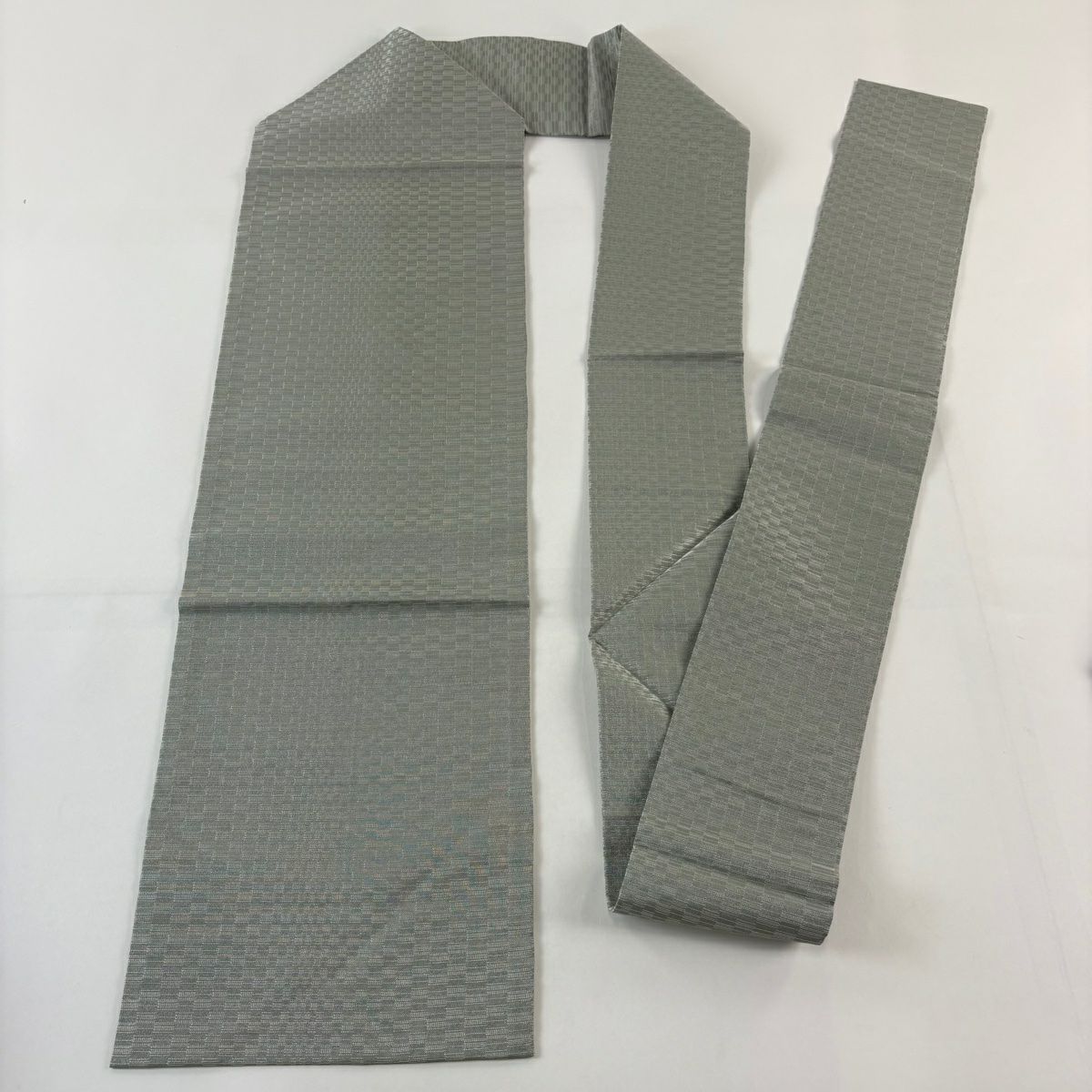 【美品】 名古屋帶 秀品級 幾何學 銀線 灰綠 純蠶絲