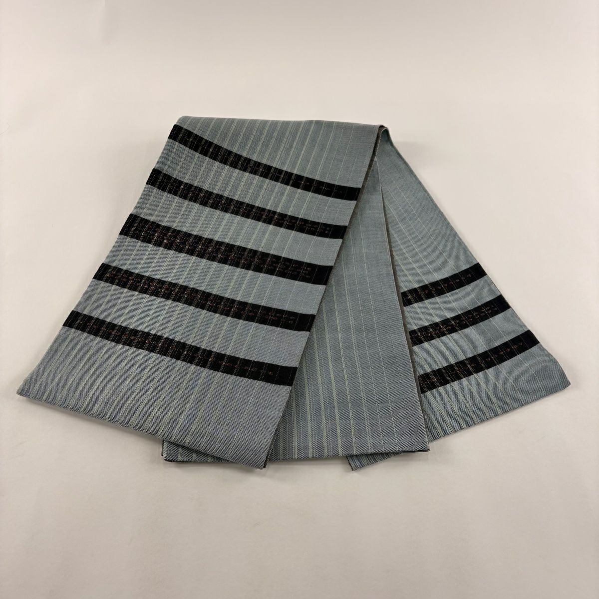 【美品】 袋帶 秀品級 縞 幾何學圖案 金金箔 刺繡 青灰 純蠶絲