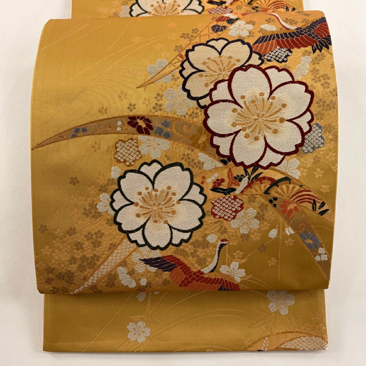 【美品】 袋帶 秀品級 仙鶴 櫻花 金線 金金箔 山吹茶 六通 純蠶絲