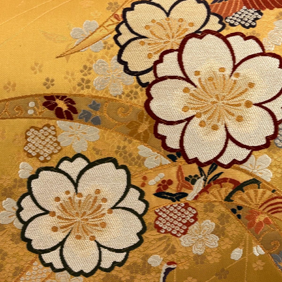 【美品】 袋帶 秀品級 仙鶴 櫻花 金線 金金箔 山吹茶 六通 純蠶絲