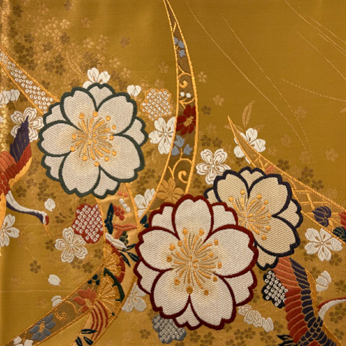 【美品】 袋帶 秀品級 仙鶴 櫻花 金線 金金箔 山吹茶 六通 純蠶絲