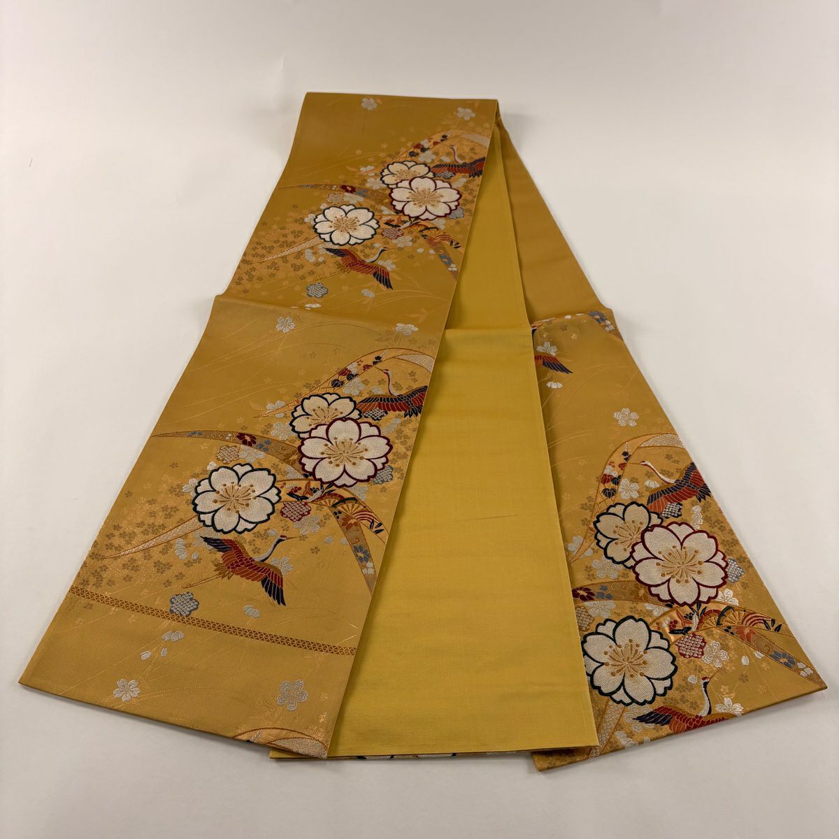 【美品】 袋帶 秀品級 仙鶴 櫻花 金線 金金箔 山吹茶 六通 純蠶絲
