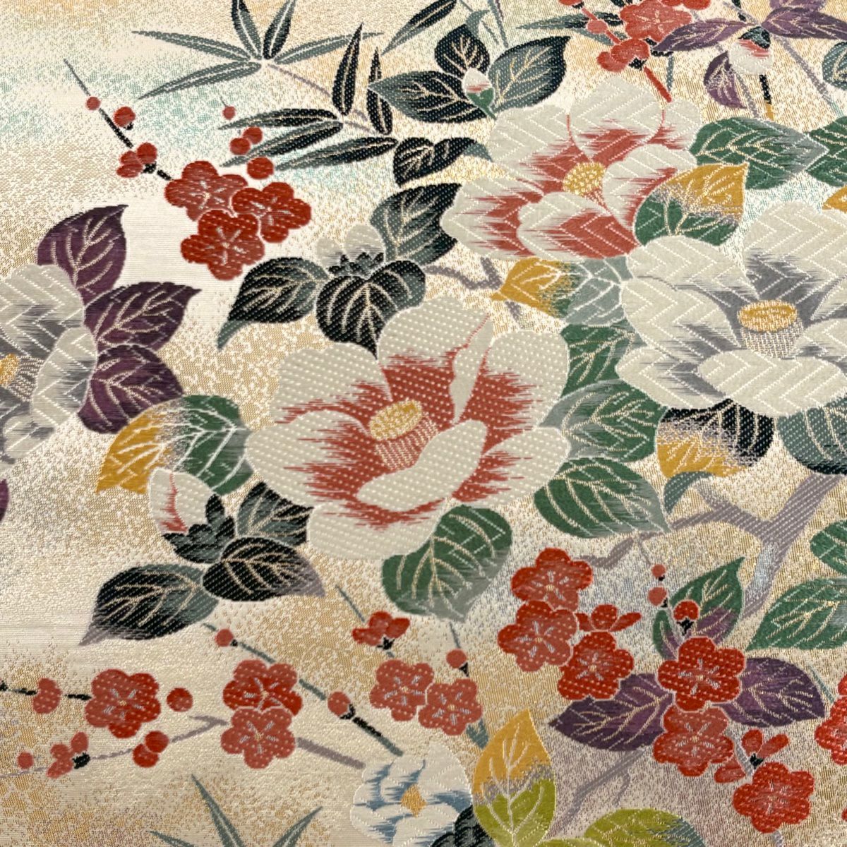 【美品】 袋帶 秀品級 關西仕立 紅椿 梅花花 刺繡 金金箔 米色 六通 純蠶絲